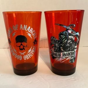 SONS OF ANARCHY, 2 red pint drinking glasses.